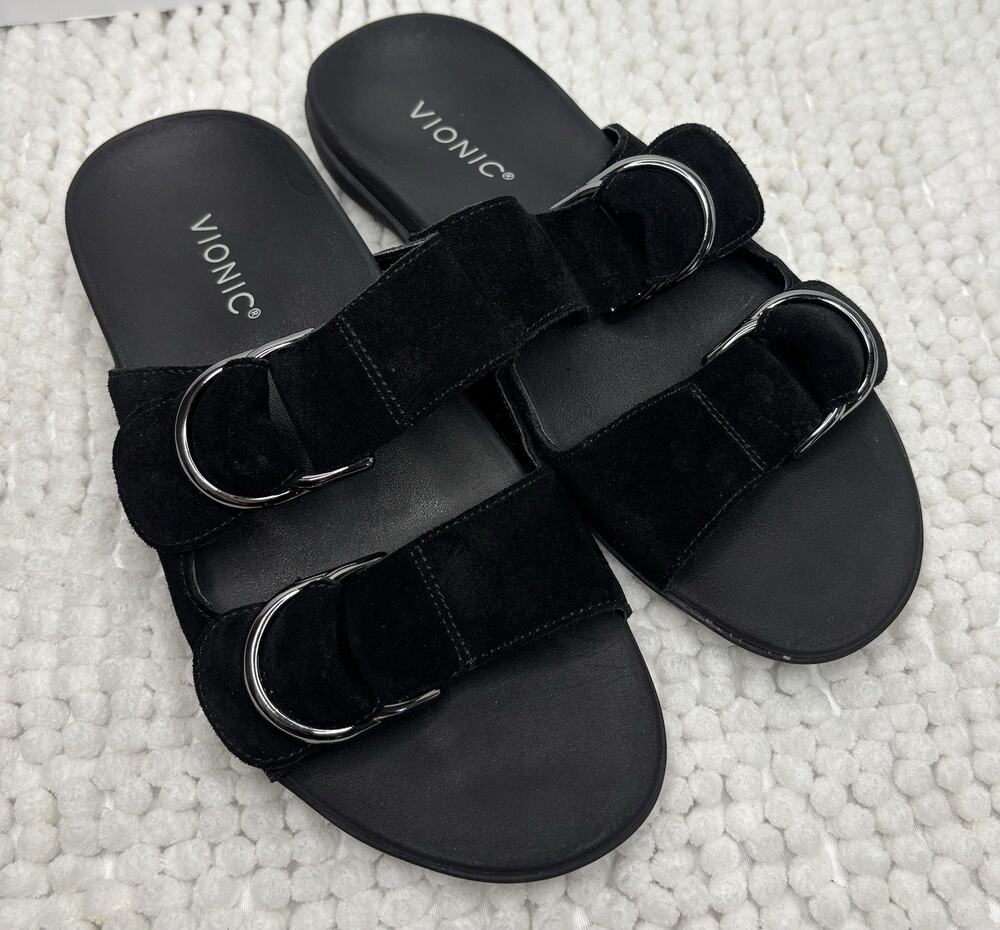 Vionic Corlee Black Suede Adjustable Buckles Slip On Sandals US 7.5 EU 38.5
